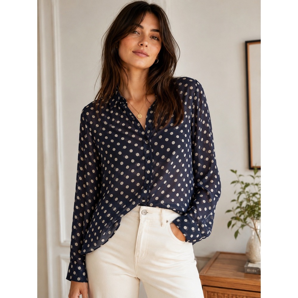 Topshop Navy Blue Polka Dot Sheer Button Down Blouse Shirt Womens US 2 UK 6